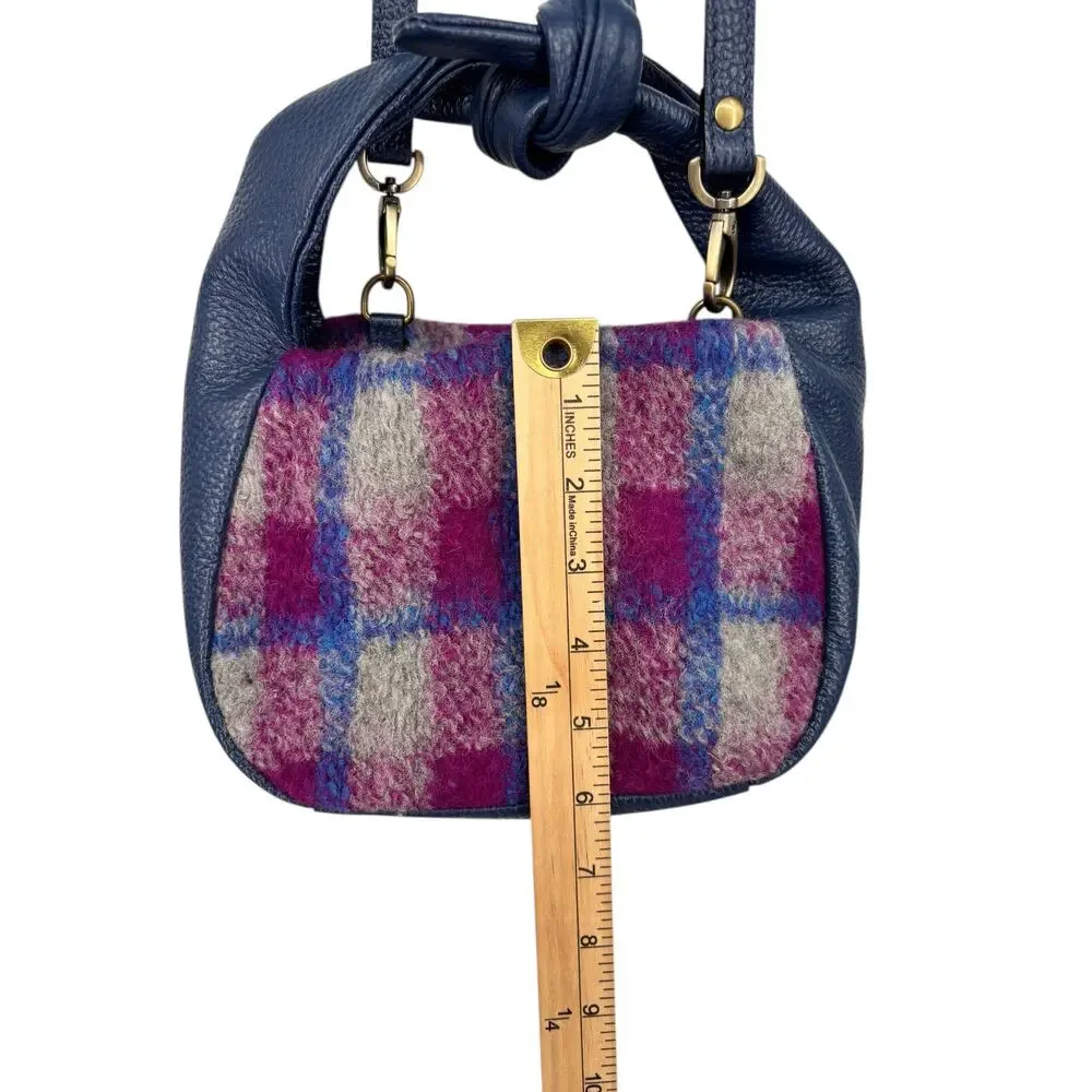Sundance Soire Knotted Bag Blue Leather Wool Magenta Plaid Crossbody